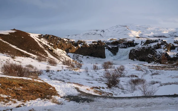 Fryst Vattenfall Hjalparfoss Mulen Morgon Vinter Island Europa — Stockfoto