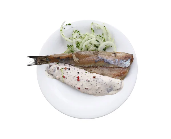 Close Portion Salted Pickled Herring Fish Filets Onions Sauce White — Stock Photo, Image