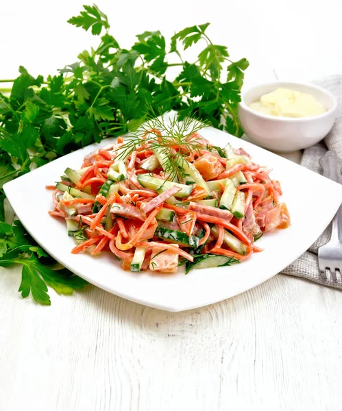 Salad Smoked Sausage Spicy Carrot Tomato Cucumber Spices Dressed Mayonnaise — Stock Photo, Image