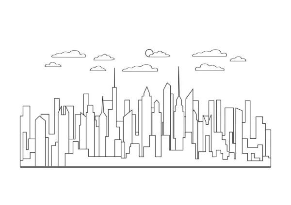 细线城市景观图标 全景设计拥有高摩天大楼 建筑物 云的城市现代城市 线艺术台阶抽象背圆 线性向量例证 — 图库照片
