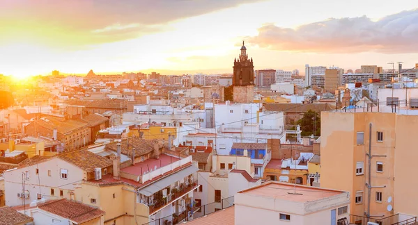 Sunset Panorama Valencia Downtown Cityscape Bell Tower Spain — Stock Photo, Image