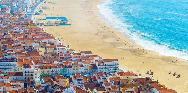 Panorama Flygfoto Över Nazare Beach Och Staden Dag Portugal — Stockfoto