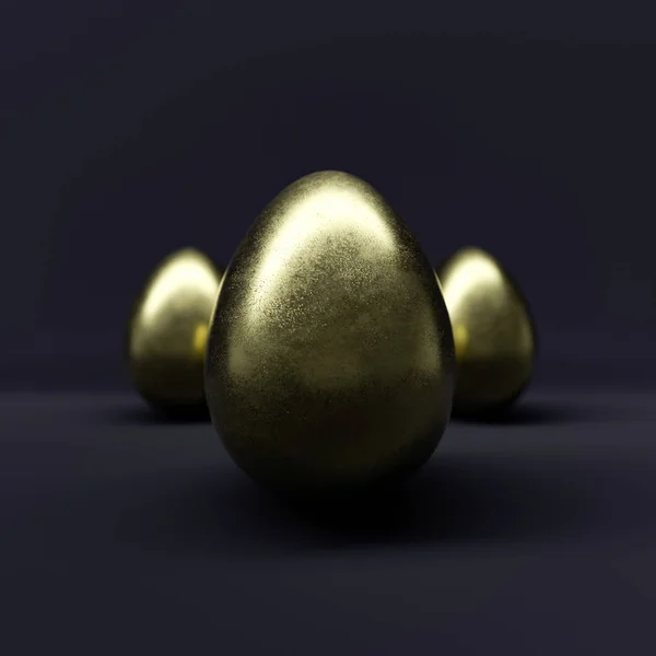 Tres Huevos Pascua Dorados Sobre Fondo Negro Primer Plano Equilibrados —  Fotos de Stock