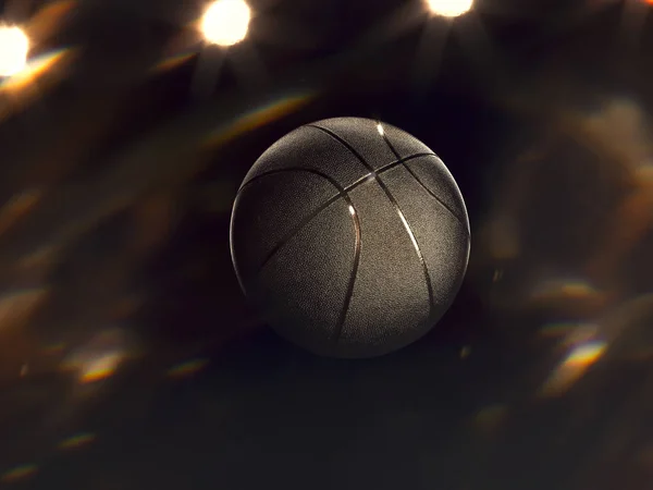 Koszykówka Zbliżenie Czarnym Tle Bokeh Reflektory Ogień — Zdjęcie stockowe