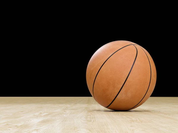 Terrain Basket Ball Plancher Bois Avec Boule Isolée Sur Noir — Photo