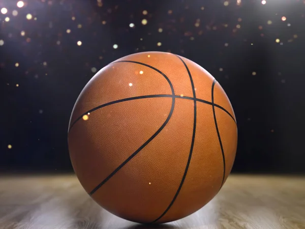 Basketball Gros Plan Sur Fond Noir Avec Bokeh Projecteurs — Photo