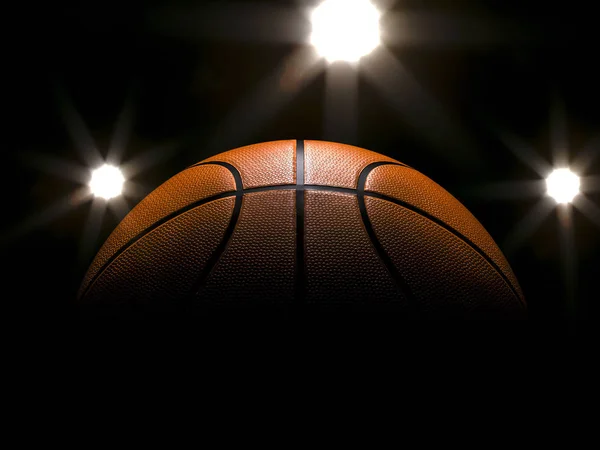 Kosárlabda Közelkép Fekete Háttér Bokeh Reflektorok — Stock Fotó