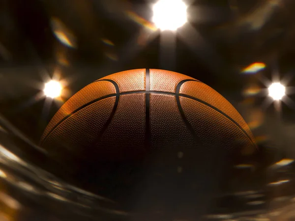 Basketbal Zblízka Černém Pozadí Bokeh Reflektory — Stock fotografie