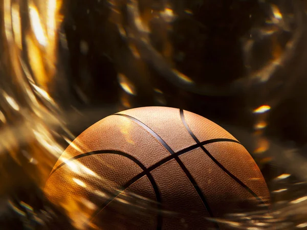 Basketbal Zblízka Černém Pozadí Bokeh Reflektory Oheň — Stock fotografie