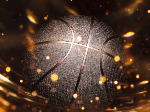 Basketbal Zblízka Černém Pozadí Bokeh Reflektory Oheň — Stock fotografie