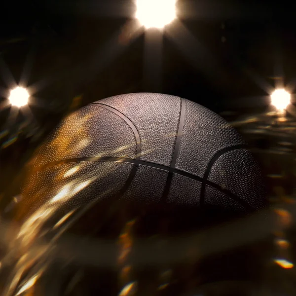 Basketball Gros Plan Sur Fond Noir Avec Bokeh Projecteurs Feu — Photo