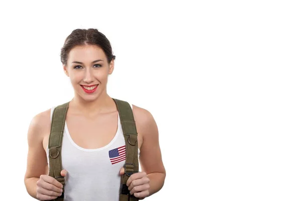 Leende Ganska Ung Kvinna Klädd Amerikansk Militäruniform — Stockfoto