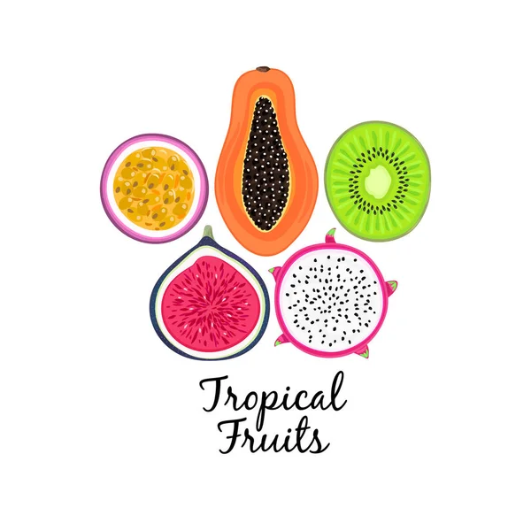 Векторный Фон Тропическими Фруктами Pitahaya Pitaya Kiwi Passion Fruit Fig — стоковое фото