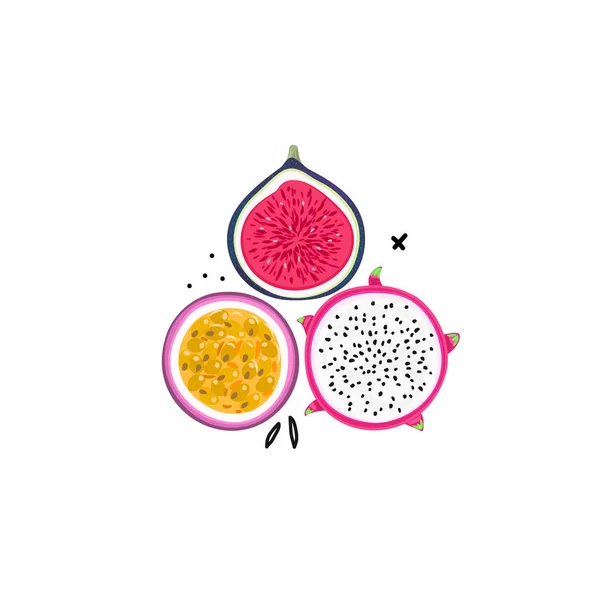 Fruits Tropicaux Isolés Vectoriels Pitahaya Pitaya Fruit Passion Figue Style — Photo