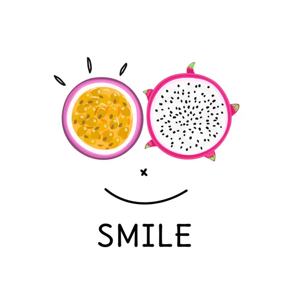 Smiling face with tropical fruit eyes. Pitahaya or pitaya , passion fruit. Creative artistic style. Card, postcard, cover, banner, print on clothes, home decor, label, package design. Vector, eps10