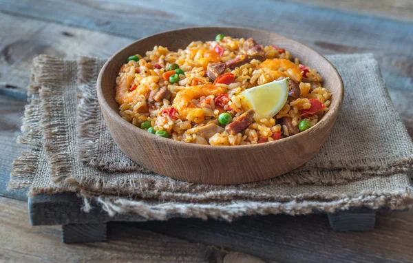 Schaal Kip Chorizo Paella Close — Stockfoto