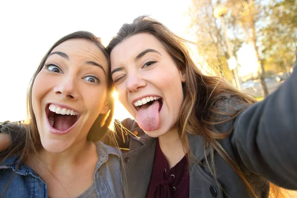 Due Donne Divertenti Scherzare Prendendo Selfie Guardando Fotocamera Strada — Foto Stock