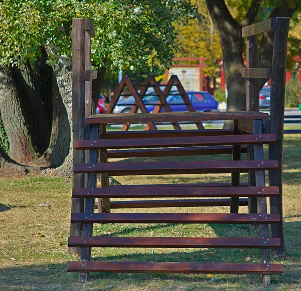 Ahşap Çocuklar Parktaki Oyuncaklara Tırmanıyor — Stok fotoğraf