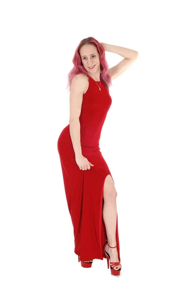 Una Hermosa Mujer Joven Pie Vestido Largo Rojo High Heels — Foto de Stock