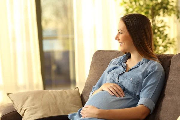 Lycklig Gravid Kvinna Vilar Hemma Tittar Bort Genom Ett Fönster — Stockfoto