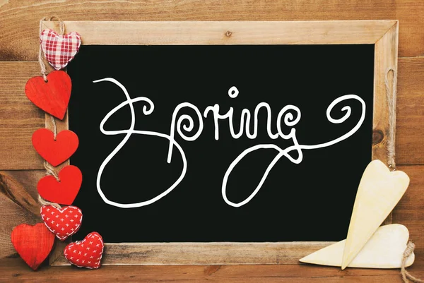 Chalkboard English Calligraphy Spring Red Textile Wooden Yellow Hearts Wooden — Stock Photo, Image