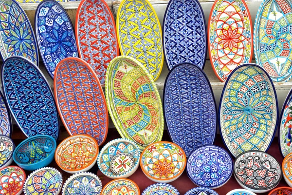 Coloridos Platos Cuencos Para Decoración Venta Sidi Bou Said Túnez —  Fotos de Stock