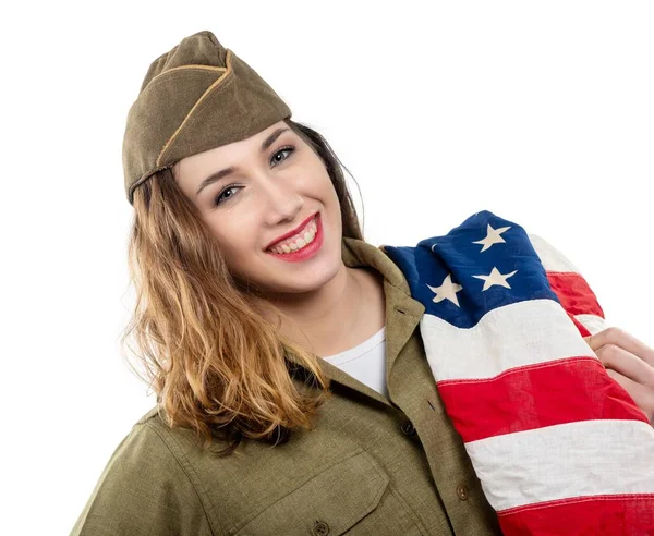 Bonita Mujer Joven Wwii Uniforme Nosotros Con Una Bandera Americana —  Fotos de Stock