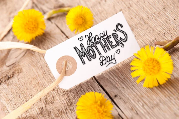 Białe Etykiety Kaligrafii Angielski Szczęśliwy Dzień Matki Kwiat Mniszek Tle — Zdjęcie stockowe
