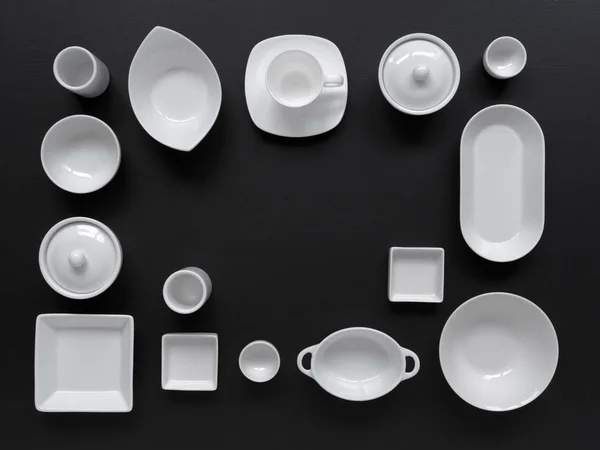 White Modern Tableware Various Designs Black Background Shooting Studio Daylight — Stock Photo, Image