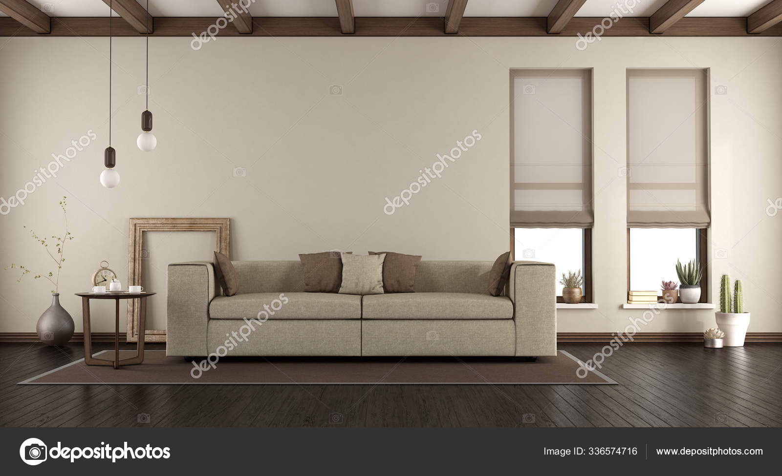 Elegant Living Room Sofa Two Vertical Windows Wooden Beams Ceiling Stock Photo PantherMediaSeller 336574716