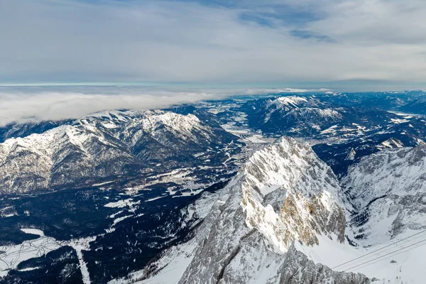 View from Zugspitze mountain summit to Garmisch Partenkirchen and Loisach river valley