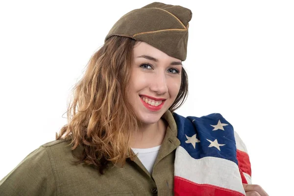 Vacker Ung Kvinna Ww2 Uniform Oss Med Amerikansk Flagga — Stockfoto