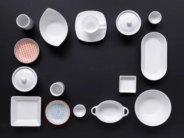 White Coloured Tableware Different Designs Black Background Photographed — 图库照片