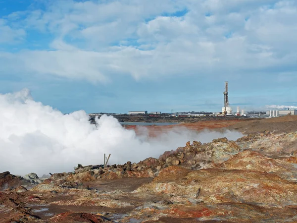 Geothermal Power Plant Fumes Foreground Reykjanes Peninsula Iceland — Stock Photo, Image