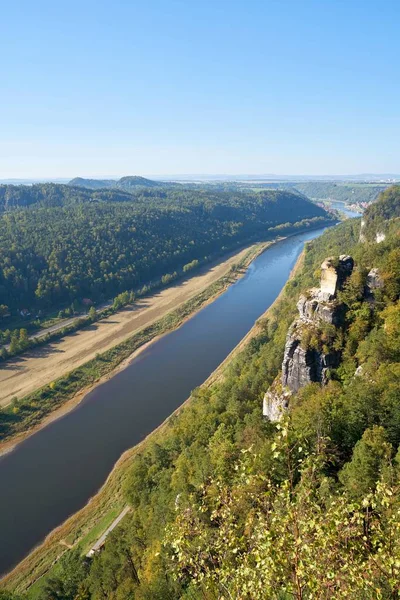 Blick Vom Felsen Der Bastei Den Elbsandsteinbergen Der Elbe Bei — Stockfoto