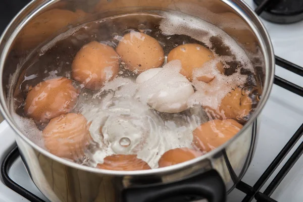 Cooking Eggs Boiling Water Pan Top View Healthy Food — Stock Photo, Image