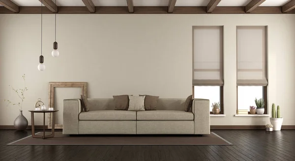 Elegant Living Room Sofa Two Vertical Windows Wooden Beams Ceiling — Stock Photo, Image