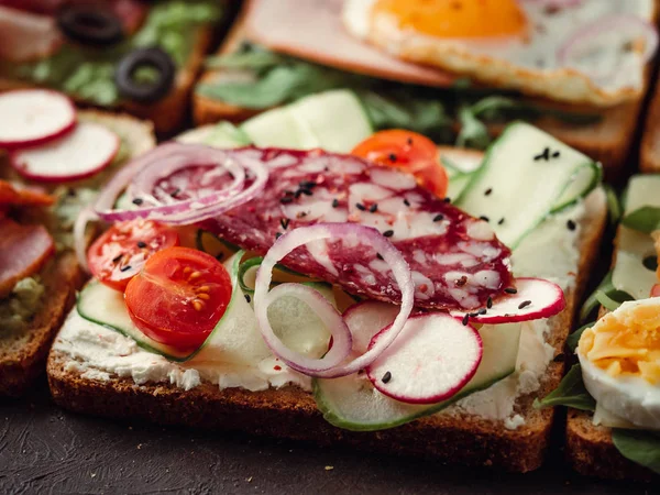 Nahaufnahme Verschiedener Sandwiches Mit Salami Gemüse Und Schwarzem Sesam Kopieren — Stockfoto