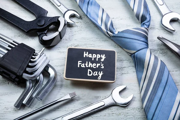 Slate Happy Father Day Text Surrounded Work Tools Ttie Wooden — Stock fotografie