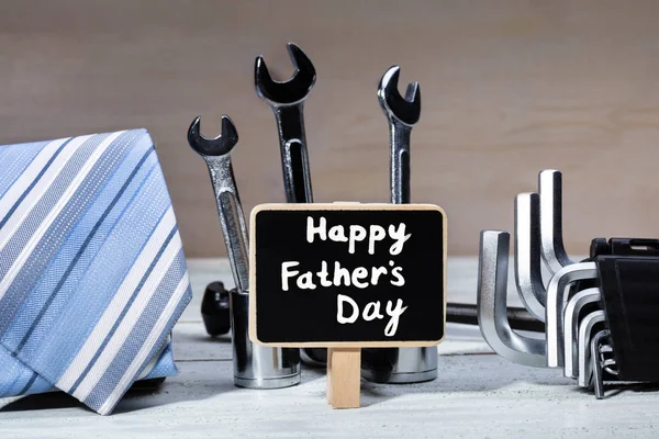 Slate Happy Father Day Text Surrounded Work Tools Ttie Wooden — Stock fotografie