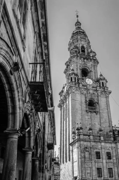 Religious architecture, cathedral of Santiago de Compostela, pilgrimage place in Spain, black and white image