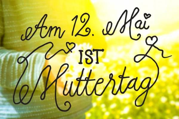 ドイツ書道 Muttertag 意味幸せな母の日 かわいい小さな子供は デイジーの花の花束を持っています 日当たりの良い 春の花畑 — ストック写真