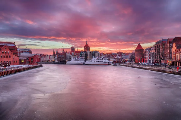 Pôr Sol Gdansk Rio Motlawa Polônia Vista Inverno — Fotografia de Stock