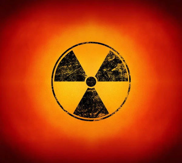 Sinal Aviso Perigo Radioativo Preto Pintado Sobre Grunge Fundo Amarelo — Fotografia de Stock