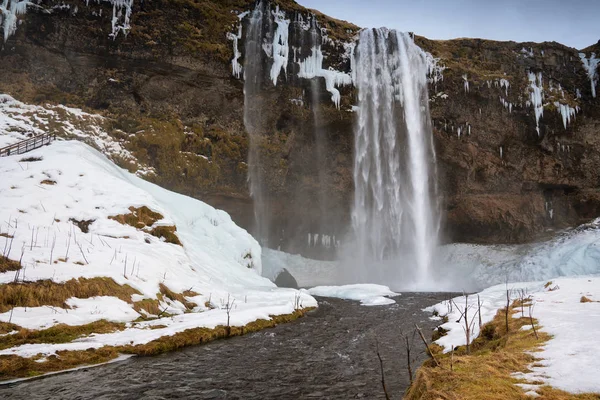 Gyönyörű Seljalandsfoss Egy Hideg Téli Napon Izland Európa — Stock Fotó