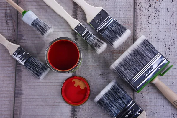 Paint Can Paintbrushes Different Size Home Decorating Purposes — Stock Photo, Image