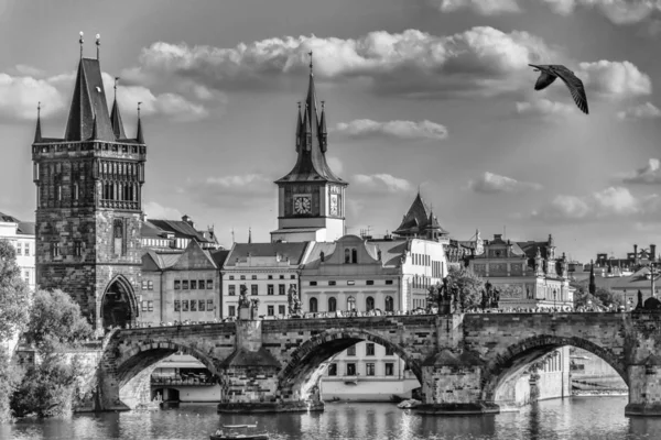 Puente Carlos Praga Estilo Postal Blanco Negro — Foto de Stock