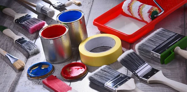 Paint Can Paintbrushes Different Size Home Decorating Purposes Stock Image