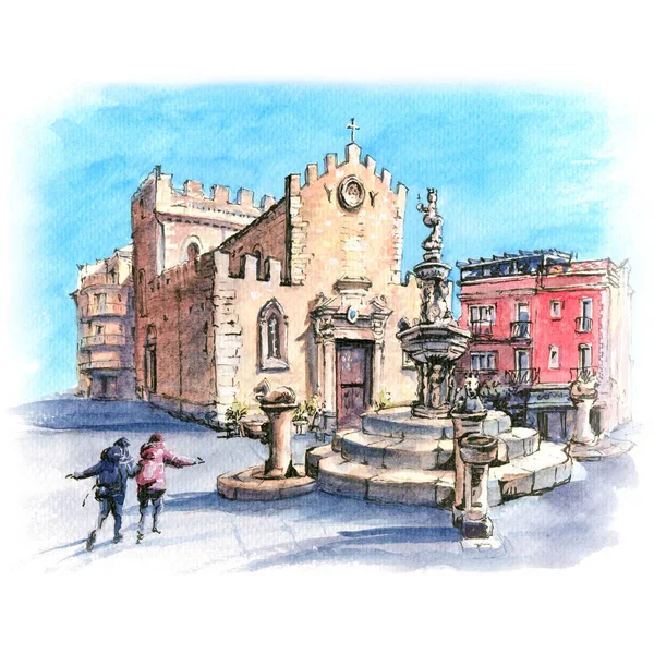 Akvarell Vázlat Székesegyház Taormina Szökőkút Téren Piazza Duomo Taormina Szicília — Stock Fotó