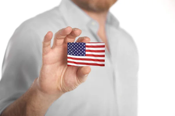 Caucasian Businessman Blue Shirt Holding Business Card Usa Flag — Stock Photo, Image